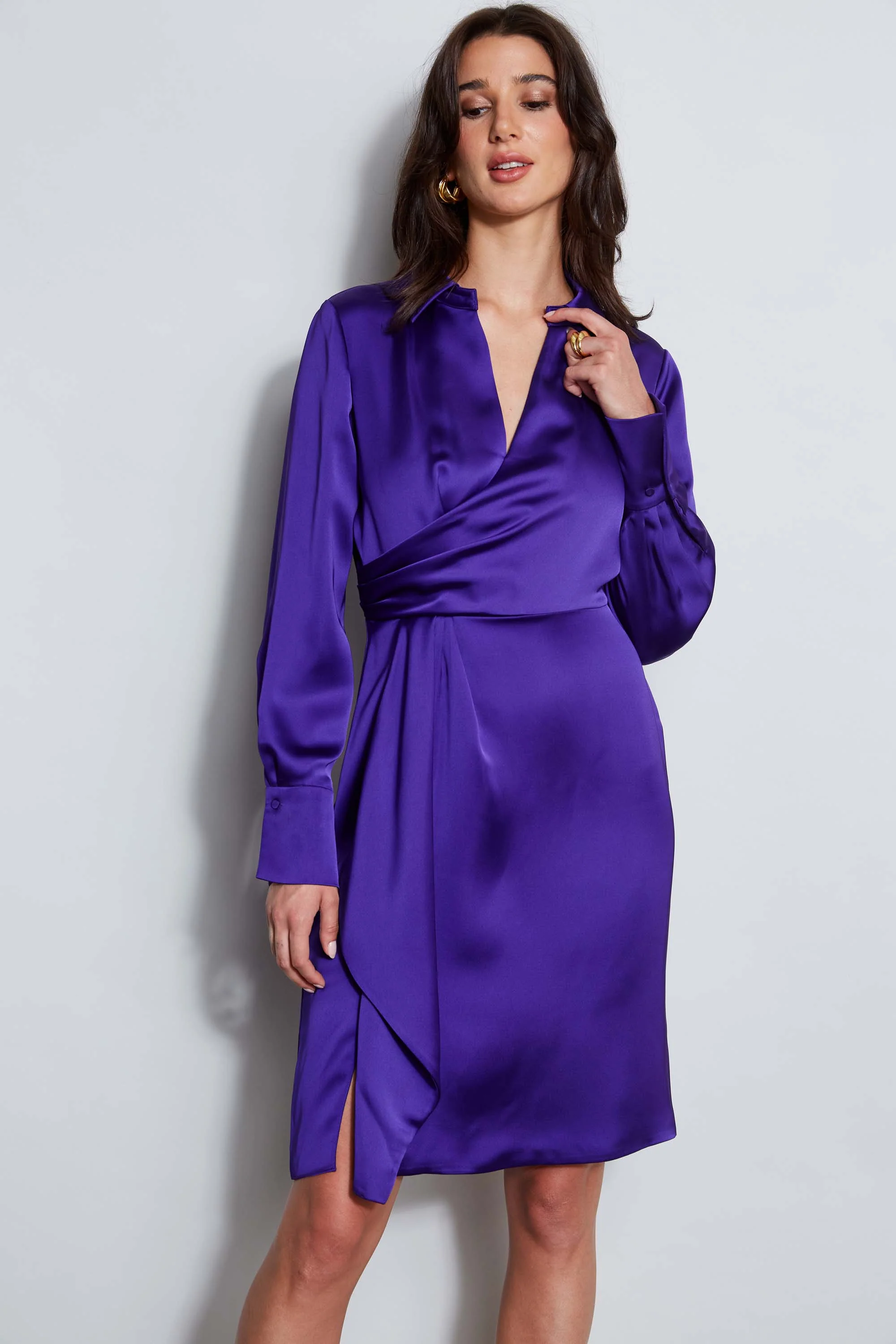 Long Sleeve Satin Wrap Dress - Inholu
