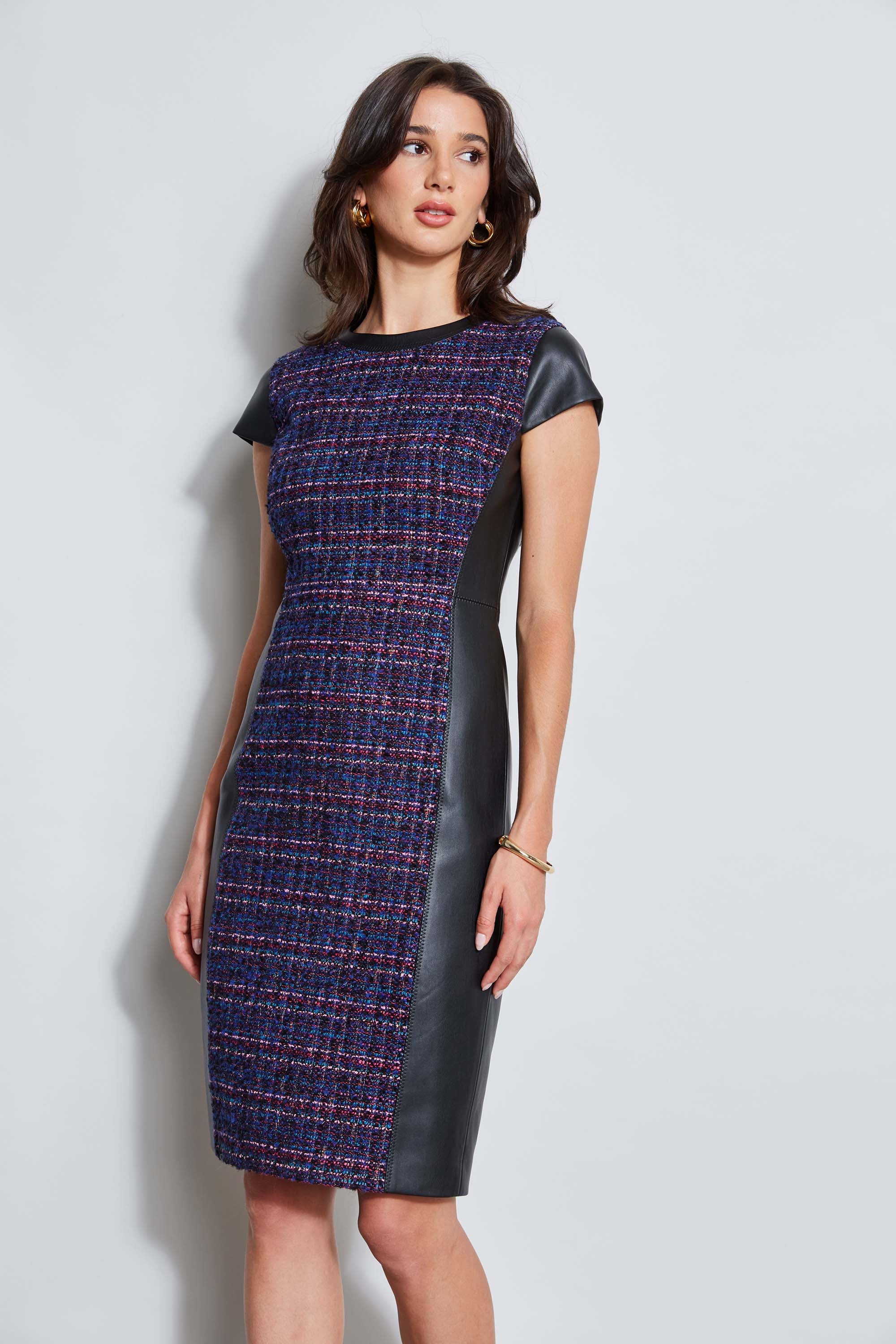 Tweed Vegan Leather Panel Dress - Inholu