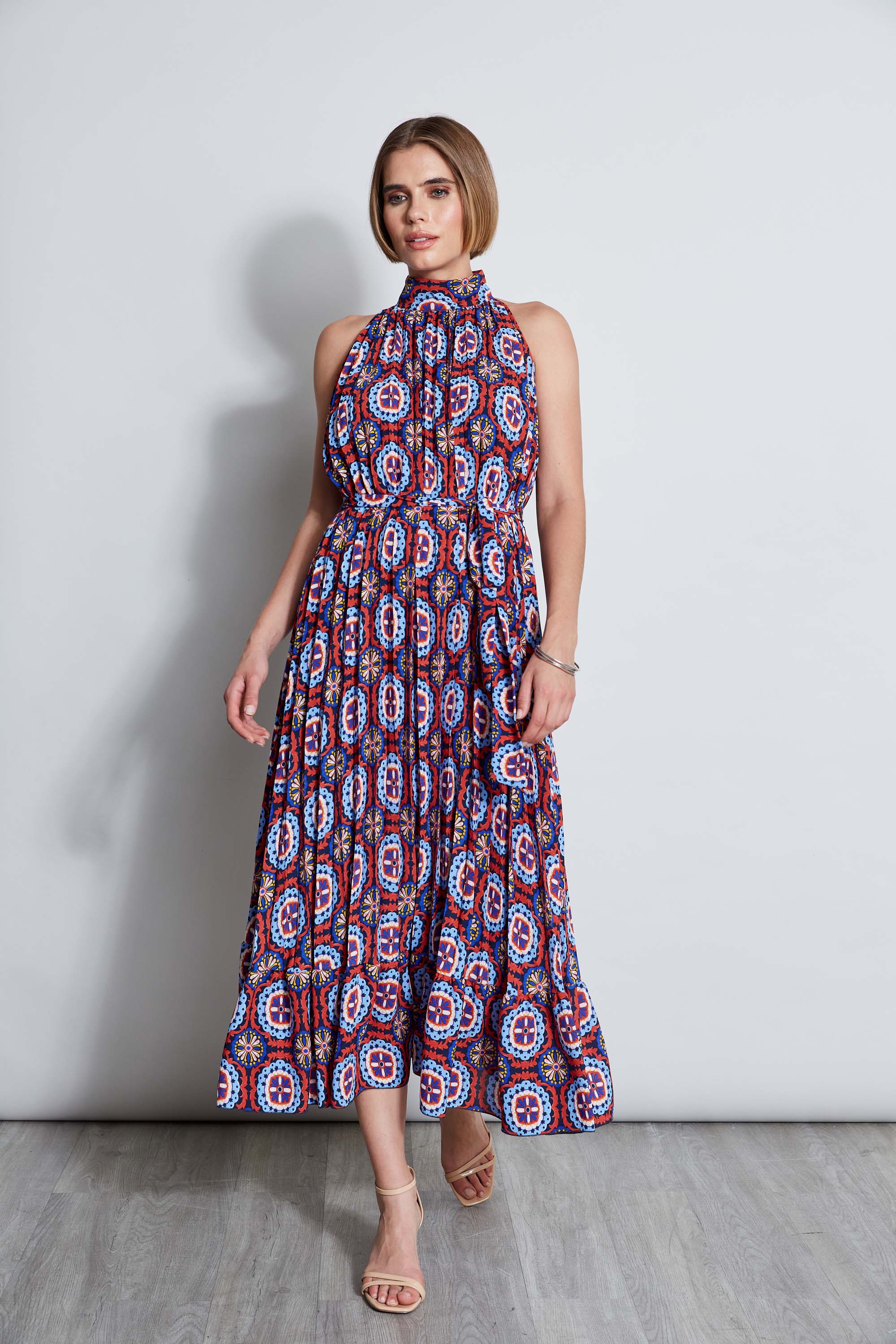 T-Tahari Pleated Print Halter Midi Dress - Inholu