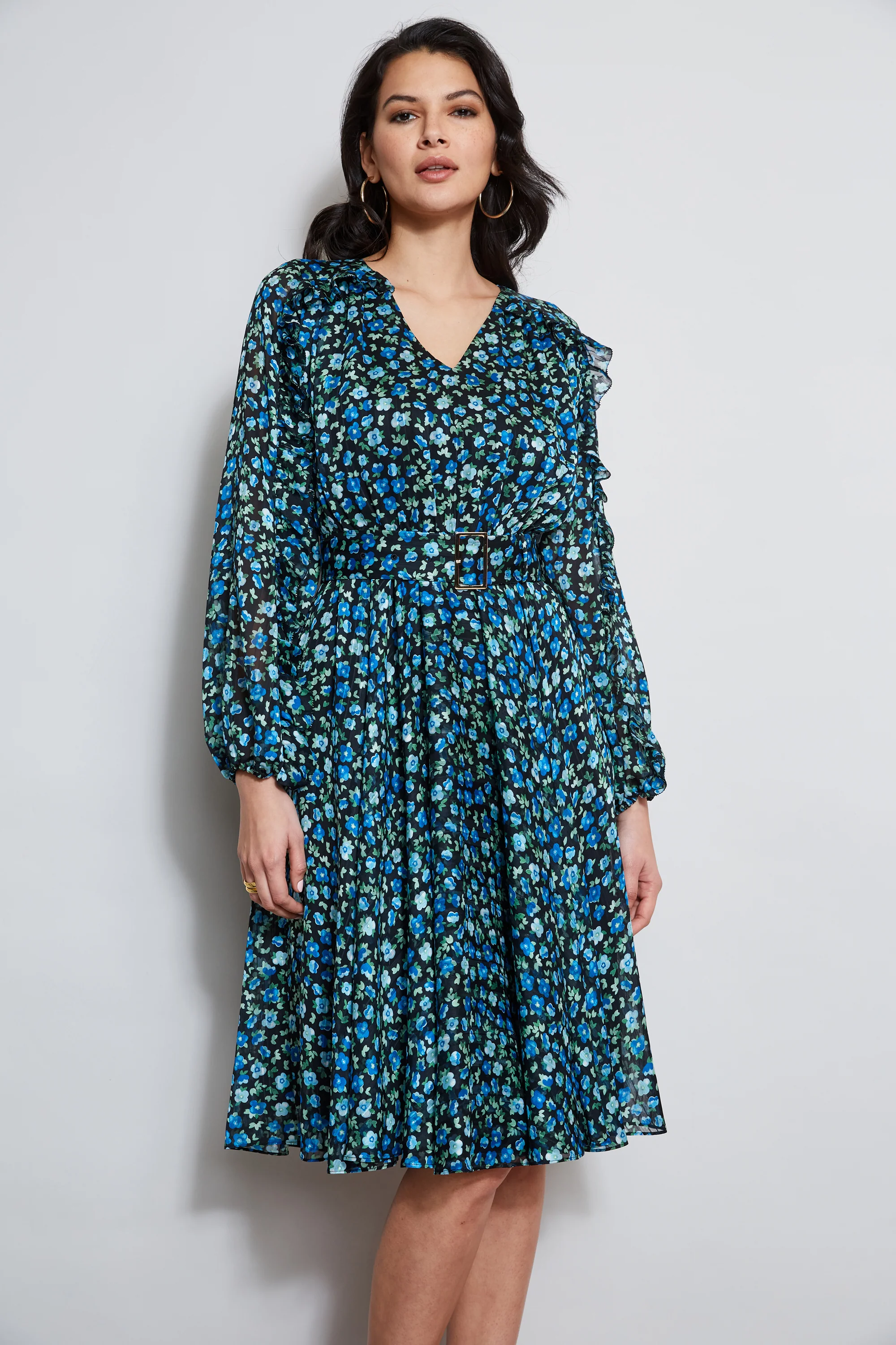 Floral Long Sleeve Belted Dress - Inholu